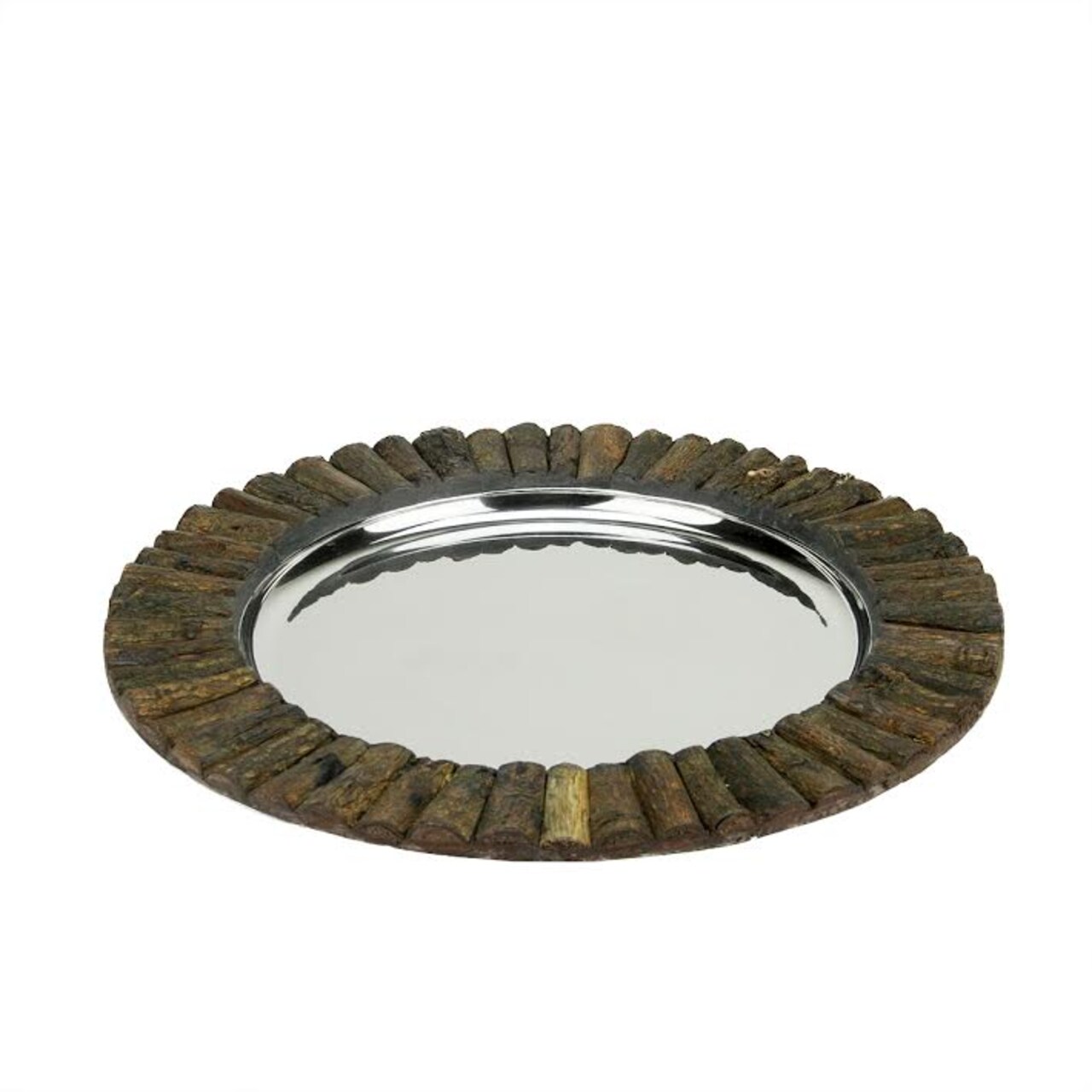 CC Home Furnishings 14" Handcrafted Decorative Round Rustic Charger Serving Tray with Wood Accents